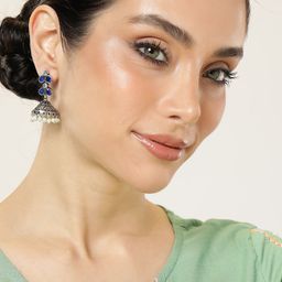 AITIHYA Teardrop Shaped Ethnic Stones Studded Jhumkas Earrings-image-16