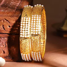 Rubans Set Of 2 Gold-Plated & White Pearl-Studded Filgree Handcrafted Bangles-image-62