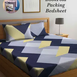 Arrabi Bookfold Navy Blue & Grey Geometric Printed 300 TC King Bedsheet & Pillow Covers-image-14