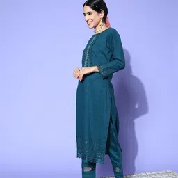 Sangria Floral Embroidered Regular Sequinned Kurta with Trousers & With Dupatta image 4