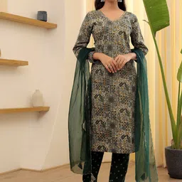 RANGREAL Women Ethnic Motifs Printed Regular Pure Cotton Kurta with Pyjamas & With Dupatta image 4