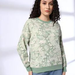 Women Leaf Print Boxy Fit Crew-Neck Sweatshirt-picture-25