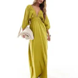 Plunge Elastic Tea Maxi Shift Dress with Ruched Waist-image-72