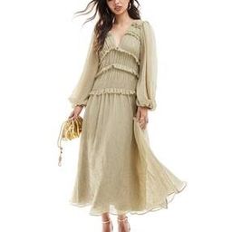 Plunge-Neck Midi Dress with Ruffles-image-83