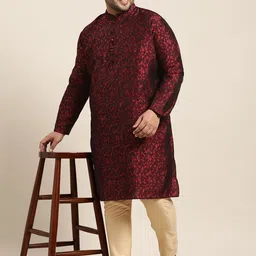SOJANYA PLUS Men Plus Size Red & Black Woven Design Straight Kurta image 5