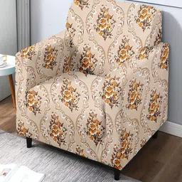 Cortina Beige Beige Printed Polyester 1 Seater Stretchable Non-Slip Sofa Cover-image-56