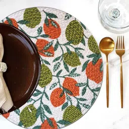 ana Green & Orange Round Cotton (Dia - 13 Inches)Leaf Print (Set of 6) Placemat-picture-48