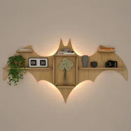 vibecrafts Bat Shape Backlit Natural Wood Wall Shelf-picture-12