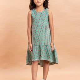 Sangria Girls Green & Pink Ethnic Motifs Printed Pure Cotton A-Line Dress-picture-15