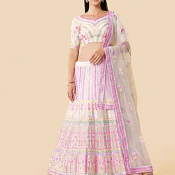 Fusionic White & Pink Embellished Thread Work Semi-Stitched Lehenga & Unstitched Blouse With Dupatta-image-49
