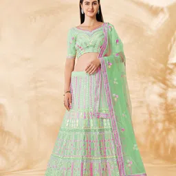 Fusionic Green & Pink Embroidered Thread Work Semi-Stitched Lehenga & Unstitched Blouse With Dupatta-7