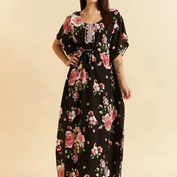 Sweet Dreams Black Floral Printed Maxi Kaftan Nightdress-image-99