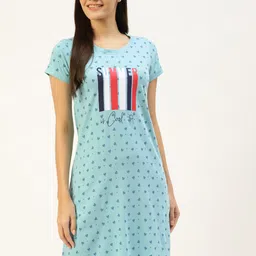 BROOWL Turquoise Blue Printed Cotton Nightdress-image-51
