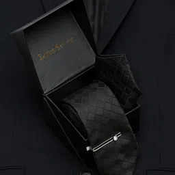 LOUIS STITCH Men's Sable Black Italian Silk Necktie Accessory Gift Set-image-85