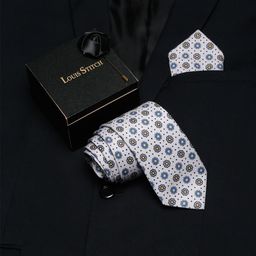 LOUIS STITCH Men Off White Printed Italian Silk Formal Tie Accessory Gift Set-image-91