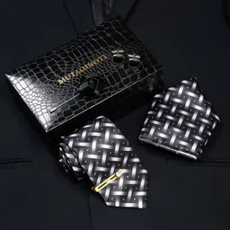 MUTAQINOTI Men Checkered Black Silk Blend Necktie Accessory Gift Set-image-99
