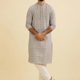 Manyavar Ethnic Motifs Printed Mandarin Collar Thread Work Straight Kurta With Trousers-image-59