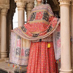 SCAKHI Embellished Thread Work Kalamkari Ready to Wear Lehenga & Blouse With Dupatta-image-8