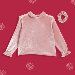 U.S. Polo Assn. Kids Peach-Coloured Peter Pan Collar Velvet Top With Scrunchie-picture-14
