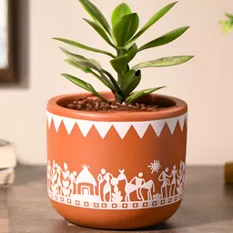 Gathari Brown & White Printed Terracotta Table Planter-49
