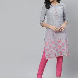 Rangriti Women Navy Blue & White Striped Straight Cotton Kurta with Ethnic Print Detail-picture-17
