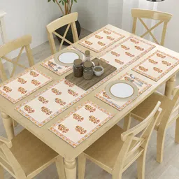 BLOCKS OF INDIA 7 Pcs Beige & Orange Block Print Pure Cotton Table Placemats & Runner-37