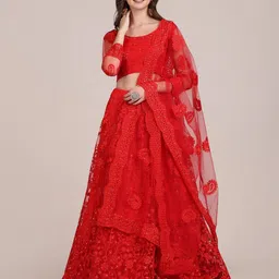 Warthy Ent Red Embroidered Semi-Stitched Lehenga & Unstitched Blouse With Dupatta-image-7