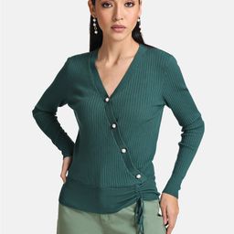 Kazo Women Green Ribbed Cardigan-image-61