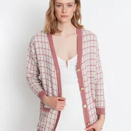 Trendyol Women Rose & White Checked Cardigan-image-14
