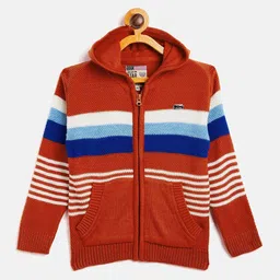 Duke Boys Orange & Navy Blue Acrylic Striped Hooded Cardigan-image-62