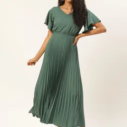 U&F Women Sage Green Solid Accordion Pleated Maxi Dress-image-25