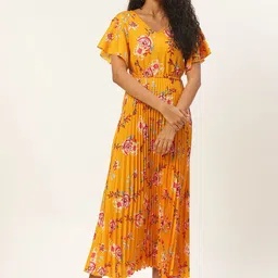 U&F Women Mustard Yellow & Red Floral Print Accordion Pleated Maxi Dress-image-10