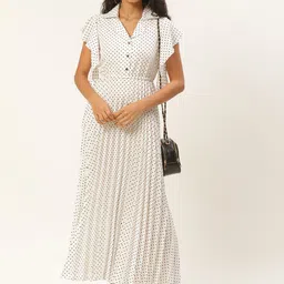 U&F Women White & Black Ditsy Dot Print Accordion Pleated Maxi Dress-image-28