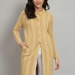 BROOWL Self Design Woollen Longline Cardigan-9