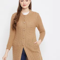 Zigo Women Camel Brown Cable Knit Woolen Longline Cardigan Sweater-picture-17