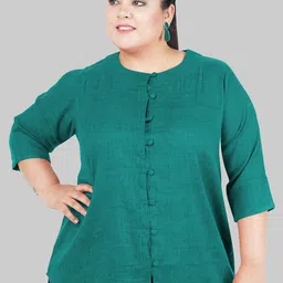 Indietoga Plus Size Green Solid Cotton Linen Top-6
