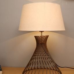 Homesake Off-White & Golden Self Design Contemporary Frustum Bedside Lamp-2