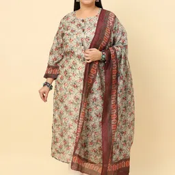 Sringam Plus Size Floral Printed Chanderi Cotton Kurta with Trousers & Dupatta-image-41
