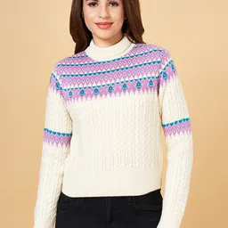 People Off White & Lavender Ethnic Motifs Printed Turtle Neck Pullover-picture-17