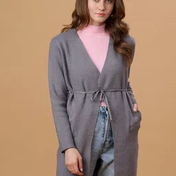 Gipsy Women Grey Solid Longline Overcoat-image-97