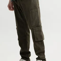 Snitch Men Olive Green Baggy Fit Pure Cotton Cargo Jeans-image-86