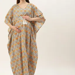 Ikk Kudi by Seerat Grey Printed Pure Cotton Maternity & Nursing Kaftan Maxi Nightdress-image-86