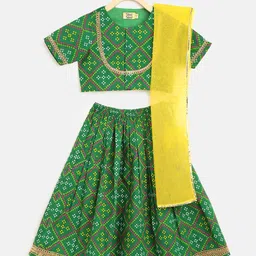 Tiber Taber Girls Green & Yellow Printed Ready to Wear Lehenga & Blouse With Dupatta-picture-14