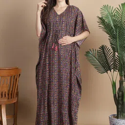 Secret Wish Geometric Printed V-Neck Pure Cotton Maternity Kaftan Nightdress-image-19