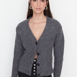 Trendyol Women Charcoal Ribbed Cardigan-image-9