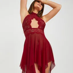 Krelin Self Design Halter Neck Lace Net Baby Doll-image-78