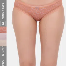 Amour Secret Women Pack of 3 Self Design Lace Leak Proof Bikini Briefs P3638_Blk_Bwn_Rbn-image-59