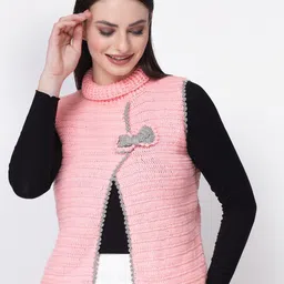 WINDROP SOLUTIONS Open Knit Self Design Turtle Neck Ribbed Acrylic Cardigan-12