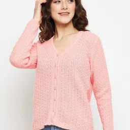 CREATIVE LINE Cable Knit Self Design V-Neck Woollen Cardigan-image-74
