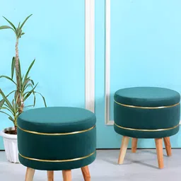 Shadowkart Green 2 Pieces Velvet & Wooden Round Ottomans-13